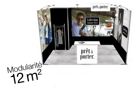 Stand Modulaire 12m² avec réserve et enseigne lumineuse