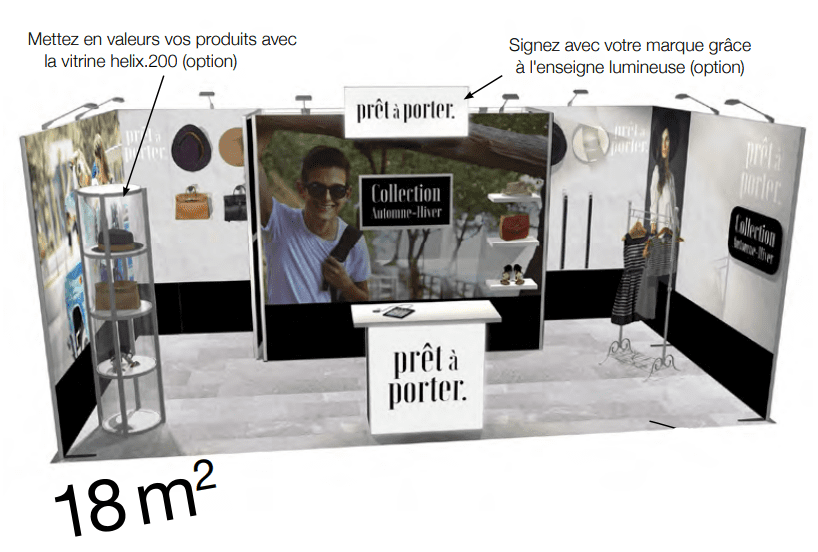 Stand Modulaire 18m² avec réserve et enseigne lumineuse