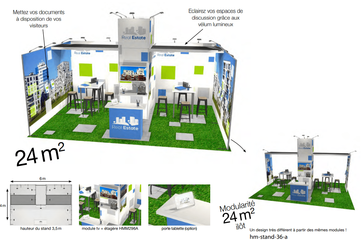 Stand Modulaire 24m² avec réserve et réhausse