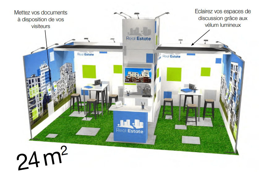Stand Modulaire 24m² avec réserve et réhausse