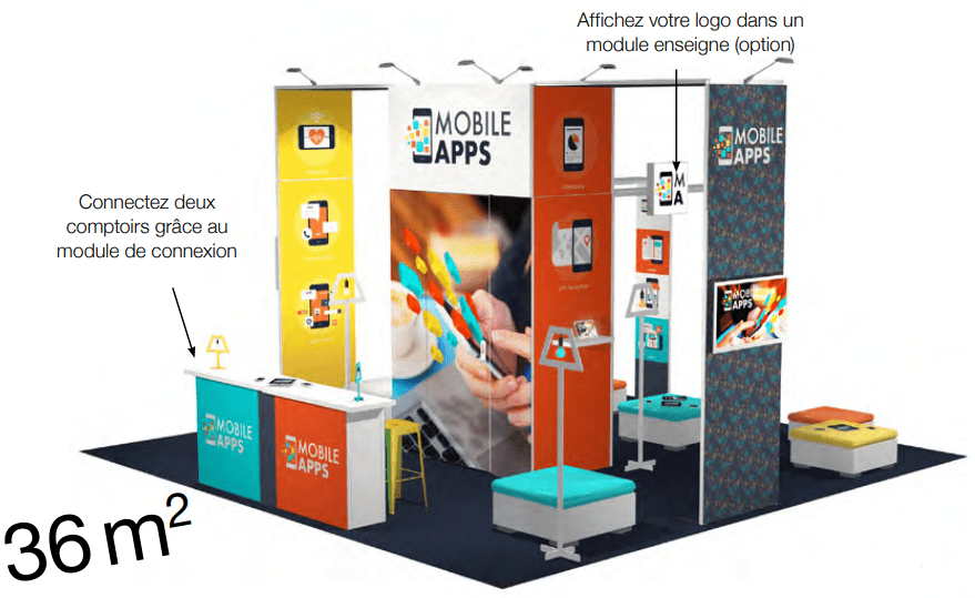 Stand Modulaire 36m² avec réserve, réhausse et stand îlot