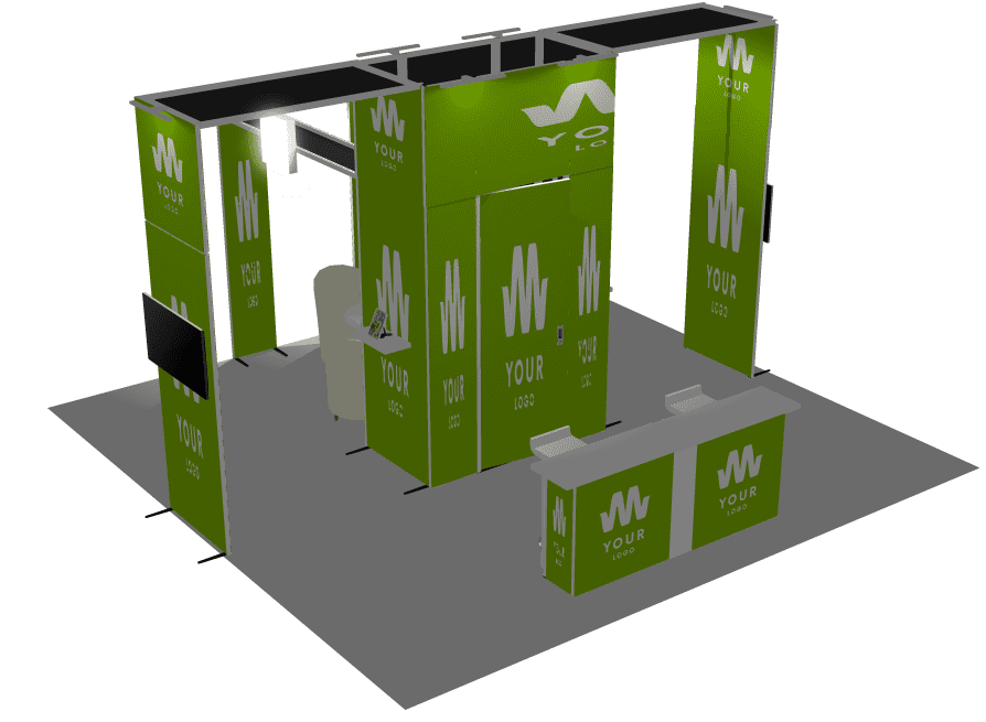 Stand Modulaire 36m² avec réserve, réhausse et stand îlot