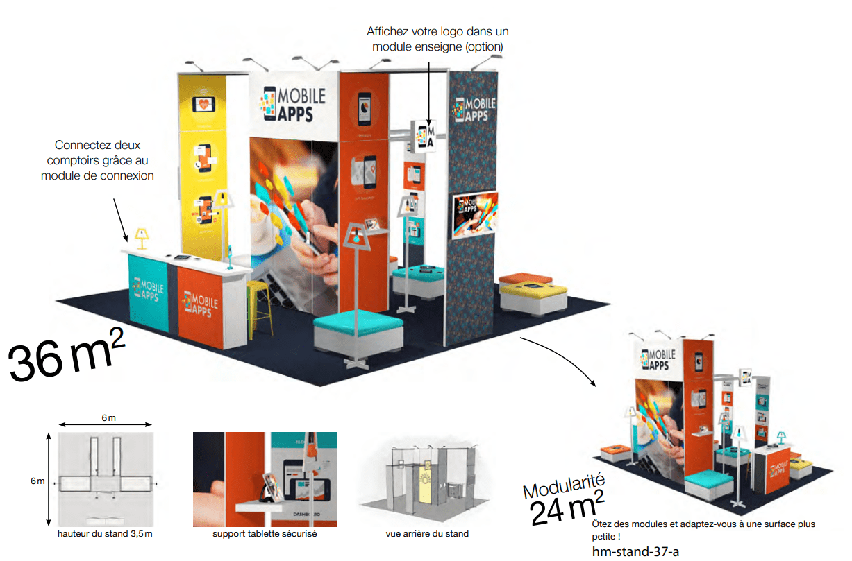 Stand Modulaire 36m² avec réserve, réhausse et stand îlot