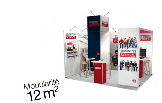 Stand Modulaire 12m² avec arche, réserve et réhausse