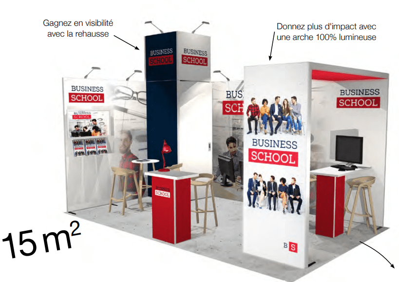Stand Modulaire 15m² avec arche, réserve et réhausse